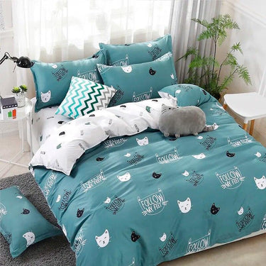 Dreamland Delights Cat Bedding Set Duvet Covers KittyNook Cat Company Catnap Comfort in Teal Single (1 Duvet Cover + 1 Flat Bedsheet + 1 Pillowcase)